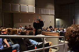 Justice Hart visits with students after oral argument.