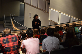 Justice Wood visits with students after oral argument.